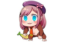  banana blue_eyes bow donkey_kong donkey_kong_(series) food fruit fusion hair_ornament hairclip hat hat_bow holding konboi-eg medium_hair necktie nijisanji pink_bow pink_hair purple_headwear red_necktie suzuhara_lulu virtual_youtuber wide-eyed 