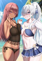  2girls alice_gear_aegis anastasia_(fate) anastasia_(swimsuit_archer)_(fate) bare_shoulders beach bikini black_camisole black_panties blonde_hair blue_bikini blue_eyes blue_skirt blue_sky blush bow breast_press breasts camisole cleavage collarbone dark-skinned_female dark_skin day fate/grand_order fate_(series) fatima_betrorum grin hair_over_one_eye hairbow holding_hands jewelry large_breasts long_hair long_sleeves looking_at_viewer miniskirt multiple_girls navel necklace ocean outdoors panties ponytail puffy_long_sleeves puffy_sleeves purple_eyes shore skirt sky smile swimsuit thighs underwear very_long_hair white_hair zukky 