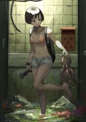  1_kozin absurdres animal backpack bag barefoot black_eyes black_hair bob_cut breasts door female flashlight flood highres holding holding_animal holding_flashlight mailbox_(incoming_mail) navel octopus original scenery short_hair short_shorts shorts small_breasts solo standing standing_on_one_leg tile_wall tiles water 