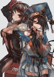  2girls absurdres black_hair blunt_bangs breasts chinese_clothes cleavage elbow_gloves fate/grand_order fate_(series) fur_trim gloves hair_over_one_eye hat highres long_hair medium_breasts multiple_girls red_eyes sabamiso_taro short_hair simple_background skirt xu_fu_(fate) yellow_eyes yu_mei-ren_(fate) zettai_ryouiki 