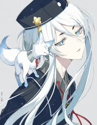  1boy animal animal_on_shoulder blue_eyes commentary_request fox hakusan_yoshimitsu hakusan_yoshimitsu&#039;s_fox hat hebino_rai male_focus military military_uniform parted_lips short_hair_with_long_locks touken_ranbu uniform upper_body white_hair 