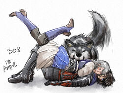  1boy black_hair clive_rosfield closed_eyes couple draw_your_fav_ship_like_this_(meme) dress female final_fantasy final_fantasy_xvi grey_hair grey_wolf jill_warrick knees_up lying lying_on_person meme on_back purplepaopu simple_background smile straight tail torgal_(ff16) 