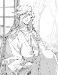  1boy bandaged_neck bandages bishounen commentary_request greyscale hebino_rai izumi-no-kami_kanesada japanese_clothes kimono male_focus monochrome parted_lips sitting sliding_doors touken_ranbu tree yukata 