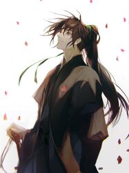  1boy absurdres bad_id bad_twitter_id bishounen brown_eyes brown_hair closed_mouth flower green_ribbons haban_(haban35) hair_ribbon hand_on_hilt highres holding holding_sword holding_weapon korean_commentary long_hair looking_up male_focus original petals pink_flower ponytail ribbon simple_background smile solo sword weapon white_background 