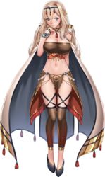  amanda_(artwhirl) arm_behind_back artwhirl_mahou_gakuen_no_otome-tachi bangs black_footwear blonde_hair blue_eyes blush breasts cape cleavage closed_mouth female full_body hair_between_eyes hairband highres large_breasts leg_warmers long_hair looking_at_viewer mana_(remana) midriff navel pelvic_curtain shiny shiny_hair smile solo standing stomach transparent_background very_long_hair white_cape 