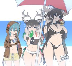  3girls =_= adapted_costume afterimage alternate_breast_size animal_ears antlers aqua_eyes aqua_hair arm_at_side ass_visible_through_thighs beach_umbrella beads bikini bikini_under_clothes bottle breasts brown_eyes brown_hair can cleavage closed_eyes collarbone dated deer_ears drawstring drink drink_can drinking extra_ears fanning_face fanning_self furrowed_brow grey_hair hair_between_eyes hair_ribbon highres holding holding_can hood hood_up hoodie horns hot huge_breasts jewelry kemono_friends large_breasts long_hair long_sleeves looking_at_object looking_to_the_side low-tied_long_hair male_swimwear moose_(kemono_friends) moose_ears moose_tail multicolored_hair multiple_girls navel necklace open_clothes open_hoodie open_mouth reindeer_(kemono_friends) reindeer_antlers ribbon see-through side-by-side side-tie_bikini_bottom sidelocks signature skindentation snake_tail soda_can standing stomach striped_clothes striped_hoodie sweat swim_trunks swimsuit tail thigh_gap tsuchinoko_(kemono_friends) twintails two-tone_hair umbrella underboob yoshida_hideyuki 