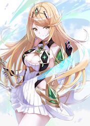  .com_(bot_com1) aegis_sword_(xenoblade) bare_legs bare_shoulders blonde_hair breasts chest_jewel cleavage cleavage_cutout clothing_cutout dress earrings elbow_gloves female gem gloves headpiece highres jewelry large_breasts long_hair mythra_(xenoblade) one-piece_swimsuit short_dress solo strapless strapless_one-piece_swimsuit swept_bangs swimsuit tiara very_long_hair white_dress white_gloves xenoblade_chronicles_(series) xenoblade_chronicles_2 yellow_eyes 