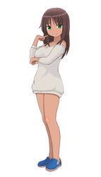  alice_gear_aegis bare_shoulders blue_footwear brown_hair closed_mouth commentary_request dark-skinned_female dark_skin dress female full_body green_eyes grey_dress hiwa_industry kaneshiya_sitara long_hair long_sleeves looking_at_viewer no_socks off-shoulder_dress off_shoulder shoes simple_background smile sneakers solo standing sweater sweater_dress white_background 