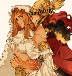  2girls armor breasts character_request cold_coat colored_skin covered_eyes dark_skin dark_souls_i drenched-in-sunlight elden_ring feathers hand_on_another&#039;s_stomach helmet helmet_over_eyes hug hug_from_behind long_hair multiple_girls red_hair red_lips simple_background small_breasts smile souls_(series) tattoo white_skin yuri 