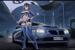  absurdres azur_lane baltimore_(azur_lane) baltimore_(finish_line_flagbearer)_(azur_lane) bikini black_choker black_gloves blue_bikini blue_footwear blue_hat blue_jacket bob_cut boots braid breasts brown_hair building car character_name checkered_clothes checkered_flag choker city_lights cityscape cleavage closed_mouth clothes_writing cloud cloudy_sky collarbone commentary copyright_name country_connection cropped_jacket cross-laced_bikini cross-laced_clothes cross-laced_legwear female flag from_below full_body gloves hair_between_eyes hand_on_own_hip hat headlight high_heel_boots high_heels highleg highleg_bikini highres holding holding_flag holding_key holding_pole jacket kcar66t key lamppost large_breasts legwear_garter license_plate light linea_alba long_sleeves mismatched_bikini motor_vehicle multi-strapped_bikini navel night night_sky o-ring o-ring_choker official_alternate_costume open_clothes open_jacket outdoors peaked_cap pole pontiac pontiac_gto race_queen railing real_world_location road san_francisco short_hair single_glove skindentation sky skyscraper solo sports_car standing star_(sky) starry_sky stomach swimsuit thigh_boots thigh_strap thighhighs thighs transamerica_pyramid tree underboob united_states vehicle_focus wide_hips window yellow_eyes 