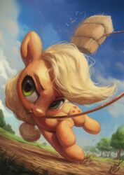  2020 applejack_(mlp) assasinmonkey cutie_mark digital_media_(artwork) digital_painting_(artwork) earth_pony equid equine eyelashes female feral freckles friendship_is_magic green_eyes hasbro hay hay_bale hi_res horse mammal my_little_pony outside plant pony rope signature solo tree 