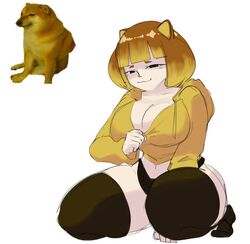  5_fingers animal_humanoid big_breasts breasts canid canid_humanoid canine canine_humanoid canis cheems cleavage clothed clothing dog_humanoid dogelore domestic_dog female fingers hair human humanoid jacket legwear lidded_eyes looking_at_viewer mammal mammal_humanoid meme nezulet reference_image shiba_inu simple_background smile solo spitz thick_thighs thigh_highs topwear underwear white_background 