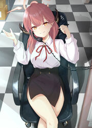  aru_(blue_archive) bad_id bad_pixiv_id bare_legs black_skirt blue_archive chair checkered_floor closed_mouth crossed_legs female from_above hand_up highres holding holding_pen holding_phone horns koenza_botoke legs long_hair looking_at_viewer neck_ribbon office_chair orange_eyes pen phone pink_hair red_ribbon ribbon shirt sitting skirt smile solo swivel_chair white_shirt 