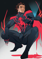  1boy absurdres animal_print arm_blade blue_bodysuit bodysuit broad_shoulders bulge cheekbones doufujintianxianle hair_slicked_back highres long_sideburns male_focus marvel mature_male miguel_o&#039;hara muscular muscular_male print_bodysuit red_bodysuit short_hair sideburns solo spider-man:_across_the_spider-verse spider-man_(2099) spider-man_(series) spider-verse spider_print spider_web_print superhero_costume thick_eyebrows two-tone_bodysuit weapon 