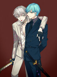  2boys :p aqua_hair arm_around_shoulder arms_behind_back black_gloves collared_shirt commentary_request formal gloves hebino_rai ichigo_hitofuri katana male_focus multiple_boys necktie open_clothes open_shirt partially_fingerless_gloves red_background sheath sheathed shirt smile suit sword tongue tongue_out touken_ranbu tsurumaru_kuninaga weapon white_hair yellow_eyes 