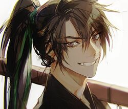  1boy bishounen blood blood_on_face brown_eyes brown_hair chungmyung eyes_visible_through_hair green_ribbons grin haban_(haban35) hair_between_eyes hair_ribbon korean_commentary long_hair male_focus over_shoulder ponytail portrait return_of_the_mount_hua_sect ribbon simple_background smile solo sword sword_over_shoulder teeth weapon weapon_over_shoulder white_background 