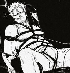  1boy arms_behind_back bara boku_no_hero_academia bondage bondage bound boxers bulge crotch_bondage crotch_rope framed_crotch greyscale large_pectorals male_focus male_underwear mature_male monochrome muscular muscular_male no_eyebrows pectorals rope short_hair sideburns smokerichi solo stitches tank_top toned toned_male twice_(boku_no_hero_academia) underbust underwear 