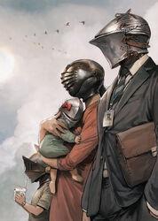  2boys 2girls arm_at_side armor baby bag bird black_hair black_necktie black_suit bow cloud cloudy_sky commentary drinking drinking_straw flock flying formal frog-mouth_helm goose grey_sky hand_in_pocket handbag helm helmet highres holding_baby juice_box lolicon long_sleeves multiple_boys multiple_girls name_tag necktie original outdoors pacifier ponytail red_bow shirt short_sleeves sky standing suit t-shirt tahra watch wristwatch 