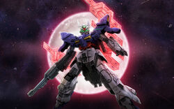  asteroid beam_rifle energy_gun glowing glowing_eyes glowing_lines gun gundam gundam_online highres holding holding_gun holding_weapon looking_at_viewer mobile_suit moon moon_gundam moon_gundam_(mobile_suit) no_humans official_art psycho_plates red_moon science_fiction shooting_star space starry_background v-fin weapon 