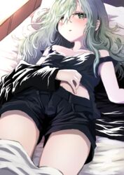  +_- absurdres black_shorts black_tank_top blush breasts commentary_request eyebrows_hidden_by_hair female green_hair hair_between_eyes hand_on_own_stomach heterochromia highres jacket kamatama kuso_zako_choroin_nishiga_hachi long_hair looking_at_viewer lying off_shoulder on_back on_bed parted_lips pillow saiba_mirai shorts small_breasts solo tank_top under_covers 