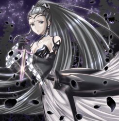  bare_shoulders black_gloves breasts choker cleavage dagger detached_sleeves dress earrings eir_(fire_emblem) female fire_emblem fire_emblem_heroes gloves grey_hair highres holding holding_weapon jewelry kakiko210 knife long_hair looking_at_viewer night night_sky petals ponytail sky solo strapless strapless_dress very_long_hair weapon wide_sleeves 