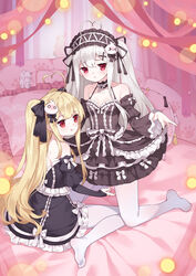  &gt;_&lt; 2girls :q absurdres ahoge bare_shoulders black_bow black_ribbon black_shirt black_sleeves blonde_hair blush bow breasts chinese_commentary closed_mouth clothes_lift collarbone detached_sleeves dress dress_lift feet frilled_pillow frilled_sleeves frills gothic_lolita hair_between_eyes hair_ornament hair_ribbon hairband hairbow hairclip heart heart_ahoge highres incest kneeling legs lolita_fashion lolita_hairband long_hair long_sleeves medium_breasts multiple_girls niliu_chahui no_shoes nose_blush original pantyhose parted_lips pillow red_eyes ribbon shirt siblings sisters sitting smile sweat thighhighs tokisaki_asaba_(niliu_chahui) tokisaki_mio_(niliu_chahui) tongue tongue_out tsubasa_tsubasa two_side_up very_long_hair wariza white_bow white_hair white_pantyhose wide_sleeves x_hair_ornament yuri 