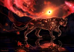  2020 ambiguous_gender cheetah day detailed_background digital_media_(artwork) eclipse eyebrows eyelashes felid feline feral fur hi_res mammal markings outside paws reflection shalinka sky solo spots spotted_body spotted_fur standing water whiskers 