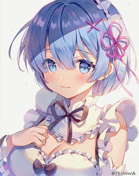  black_bow black_ribbon black_sleeves blue_eyes blue_hair blush bow breasts cleavage closed_mouth commentary detached_sleeves female frilled_sleeves frills grey_background hair_between_eyes hair_ornament hair_ribbon hairclip hand_up long_sleeves looking_at_viewer medium_breasts neck_ribbon pink_ribbon re:zero_kara_hajimeru_isekai_seikatsu rem_(re:zero) ribbon short_hair simple_background solo twitter_username upper_body wavy_mouth wide_sleeves x_hair_ornament yeonwa 