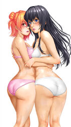  2girls ass asymmetrical_docking back bare_shoulders bespectacled black_hair blush bra breast_press breasts collarbone facing_another feet_out_of_frame glasses hair_bun highres hug kneepits long_hair looking_at_viewer medium_breasts medium_hair multiple_girls orange_hair panties pink_bra pink_lips pink_panties school_uniform shinobu_(tyno) simple_background single_hair_bun single_side_bun small_breasts sobu_high_school_uniform standing underwear white_background white_bra white_panties yahari_ore_no_seishun_lovecome_wa_machigatteiru. yuigahama_yui yukinoshita_yukino yuri 