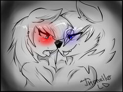  4:3 absurd_res anthro axel_(jhoneilerld) bodily_fluids canid canine canis cute_fangs duo eye_contact female fur hair hi_res jhoneilerld looking_at_another male male/female mammal offscreen_sex sex sweat tongue tongue_out withe_(jhoneilerld) wolf 