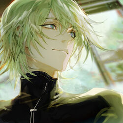  1boy bishounen blurry blurry_background closed_mouth ears_visible_through_hair eyes_visible_through_hair green_eyes green_hair green_theme haban_(haban35) hair_between_eyes highres korean_commentary light_green_hair light_particles light_rays male_focus original smile solo turtleneck upper_body window 