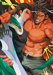  2boys abs absurdres arm_around_shoulder bara cape character_request copyright_request dark-skinned_male dark_skin doufujintianxianle evil_smile feet_out_of_frame forehead_jewel green_cape grin highres holding holding_sword holding_weapon large_pectorals long_sideburns male_focus medium_hair multiple_boys muscular muscular_male nipples no_pupils pectorals short_hair sideburns smile stomach sweat sword thick_eyebrows topless_male veiny_crotch weapon 