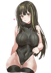  :q bare_arms blush breasts brown_eyes closed_mouth dano female girls&#039;_frontline green_hair green_leotard heart highleg highleg_leotard highres large_breasts leotard leotard_sweater licking_lips looking_at_viewer m4a1_(girls&#039;_frontline) multicolored_hair ribbed_leotard simple_background solo streaked_hair thighhighs tongue tongue_out white_background 