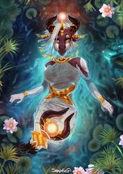  2020 5_fingers anthro bovid bovine breasts cattle clothed clothing crown digital_media_(artwork) dress eyebrows eyelashes female fingers hathor headgear hi_res horn looking_at_viewer makeup mammal partially_submerged shalinka smile solo wet wet_clothing 