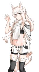  absurdres animal_ear_fluff animal_ears arknights asymmetrical_sleeves black_footwear black_shirt blush boots commentary crop_top feet_out_of_frame female grey_eyes groin hand_up highres horse_ears jacket long_hair looking_at_viewer midriff navel neti_(cpu11151) platinum_(arknights) shirt short_shorts shorts simple_background solo standing stomach tail thigh_boots very_long_hair white_background white_hair white_jacket white_shorts 