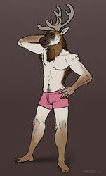  absurd_res anthro antlers apawcalyptic armpit_hair armpit_tuft body_hair clothing deer digital_media_(artwork) fur hi_res horn male mammal new_world_deer reindeer rory_(apawcalyptic) simple_background smile solo underwear virensere 