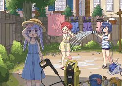  &gt;_&lt; 3girls arm_up bare_shoulders blue_dress braid bucket chimame-tai closed_eyes collarbone commentary_request day dress garden gloves gochuumon_wa_usagi_desu_ka? hat hose jouga_maya kafuu_chino mohei multiple_girls natsu_megumi oerba_yun_fang open_mouth outdoors red_hair shorts skin_fang striped sweatdrop tippy_(gochiusa) tree water window yellow_dress 