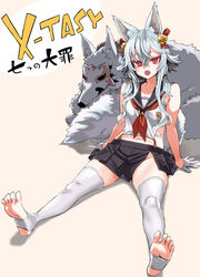  animal_ears arm_support asanagi beige_background bell breasts bright_pupils feet female full_body gloves grey_hair hair_between_eyes half_gloves highres jingle_bell midriff mole mole_on_thigh mole_under_eye navel no_shoes open_mouth red_eyes school_uniform seere_(the_seven_deadly_sins) serafuku shirt short_hair_with_long_locks side_slit sidelocks simple_background sitting sleeveless sleeveless_shirt slit_pupils small_breasts soles solo stirrup_legwear the_seven_deadly_sins thighhighs toeless_legwear toes white_gloves white_thighhighs 