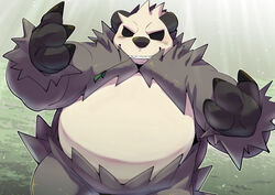  2020 anthro belly black_body black_fur black_nose blush fur generation_6_pokemon kemono leaf male nintendo outside overweight overweight_anthro overweight_male pangoro pokemon pokemon_(species) shirosaru solo white_body white_fur 