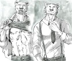  abs adjusting_tie anthro athletic bear beastars black_and_white bottomwear brown_bear clothed clothing clothing_lift dress_shirt fangs food fruit fur jacket joze_osaka looking_at_viewer male mammal monochrome muscular muscular_male necktie open_mouth pants pecs plant riz_(beastars) school_uniform sharp_teeth shirt shirt_lift shirt_up solo suspenders teeth tomato topwear uniform ursine 