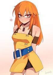  :t aika_(eternal_arcadia) anger_vein angry armband arms_behind_back artist_name bare_shoulders belt belt_buckle bike_shorts blush body_blush breasts buckle closed_mouth commentary cowboy_shot darahan eternal_arcadia female gradient_background hair_down jewelry long_hair looking_at_viewer medium_breasts necklace orange_eyes orange_hair pout short_shorts shorts signature solo standing symbol-only_commentary v-shaped_eyebrows 