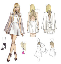  ankle_bow blonde_hair blue_eyes bow breasts capelet clenched_hands crossed_legs d&#039;orsay_heels dress earrings faceless faceless_female female from_behind gigi_andalusia gundam gundam_hathaway&#039;s_flash hair_behind_ear high_heels jewelry long_hair looking_to_the_side multiple_views official_art pablo_uchida production_art reference_sheet small_breasts strappy_heels triangle_earrings watson_cross white_background white_capelet white_dress 