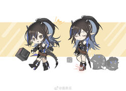  :d arknights armlet bare_shoulders belt black_dress black_eyes black_footwear black_gloves black_hair black_nails blacknight_(arknights) blue_hair boots chibi closed_eyes creature crossed_bandaids dress earrings elbow_gloves female gloves high_heel_boots high_heels highres horns infection_monitor_(arknights) jewelry knee_boots long_hair looking_at_viewer mole mole_above_eye multicolored_hair multiple_views nail_polish oerba_yun_fang partially_fingerless_gloves pointy_ears ponytail single_earring sleeveless sleeveless_dress smile sweatdrop tail two-tone_background two-tone_hair very_long_hair wenquangua white_background yellow_background 