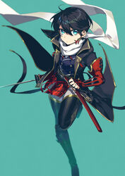  1boy armor black_hair blue_eyes boots buttons coat commentary_request double-breasted earrings hebino_rai horikawa_kunihiro horikawa_kunihiro_(kiwame) japanese_armor jewelry kote male_focus pants ring scarf sheath standing standing_on_one_leg sword thigh_boots thighhighs touken_ranbu wakizashi weapon white_pants white_scarf 