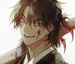  1boy blood blood_on_face brown_hair eyes_visible_through_hair haban_(haban35) jo_gul_(return_of_the_mount_hua_sect) korean_commentary looking_at_viewer male_focus oerba_yun_fang open_mouth over_shoulder portrait red_ribbon return_of_the_mount_hua_sect ribbon simple_background smile solo sword sword_over_shoulder teeth tongue weapon weapon_over_shoulder white_background yellow_eyes 