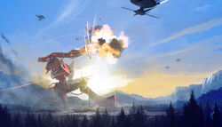  aircraft alien arm_cannon bad_id bad_pixiv_id battle cloud commentary_request contrail densetsu_kyojin_ideon energy energy_cannon explosion firing forest glowing highres ideon kneeling kopora mecha mountainous_horizon nature pine_tree radio_antenna realistic robot science_fiction size_difference smoke spacecraft spikes starfighter sun super_robot surrounded thrusters tree umeno_ryuuji weapon 