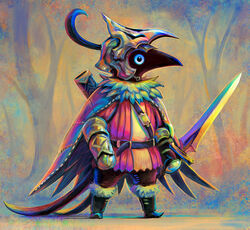  armor bad_id bad_pixiv_id bird black_bird black_eyes black_footwear blue_sclera boots cape colored_sclera colorful forest fur-trimmed_boots fur_trim helmet holding holding_sword holding_weapon ka92 nature no_humans original outdoors scabbard scratches sheath standing stitches sword unsheathed vambraces weapon 