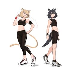  2girls :d animal_ear_fluff animal_ears bare_shoulders black_hair black_legwear black_pants black_shorts black_sports_bra breasts brown_eyes brown_hair cat_ears cat_girl cat_tail cellphone closed_mouth commentary_request crop_top deel_(rkeg) hair_between_eyes hand_on_own_hip hand_up highres holding holding_phone leggings lisa_(deel) looking_at_viewer multiple_girls navel open_mouth original pants phone ramn red_eyes shadow shoes short_hair shorts small_breasts smile socks sports_bra standing tail white_background white_footwear 