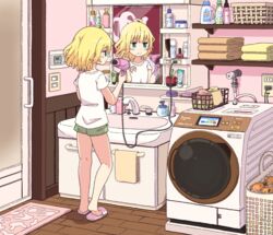  barefoot bathroom blonde_hair closed_mouth comb commentary_request door faucet female from_behind full_body gochuumon_wa_usagi_desu_ka? hair_dryer hand_soap holding kirima_syaro loaded_interior mirror mohei shirt short_hair short_sleeves shorts sink slippers solo toothbrush toothpaste towel washing_machine wavy_mouth white_shirt 