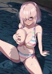  1boy absurdres bare_shoulders bikini blush breasts cameltoe cleavage fate/grand_order fate_(series) female glasses grabbing grabbing_own_breast hair_over_one_eye highres kawaruhi large_breasts light_purple_hair looking_at_viewer mash_kyrielight mash_kyrielight_(swimsuit_of_perpetual_summer_ver.02) navel ominous_shadow purple_eyes purple_hair pussy_juice pussy_juice_stain shadow short_hair sitting spread_legs striped_bikini striped_clothes sweat swimsuit 